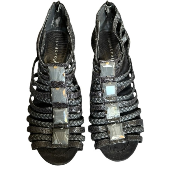 Apostrophe Black Woven Leather Strappy Heels Size 8.5 M Gray Marbleized Beads - Picture 13 of 13